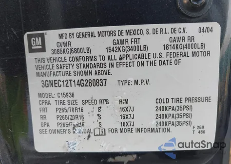 2004 Chevrolet Avalanche 1500 z USA, uszkodzony, nr VIN 3GNEC12T14G280837